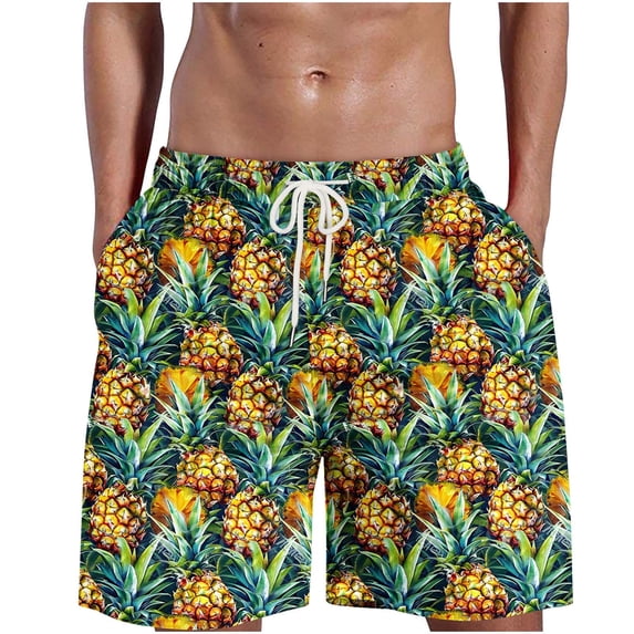 Dovford Swimming Shorts for Men Swimsuit Board Shorts Pineapple Print with Pockets Regular Fit Pull-on Drawstring Nylon Board Shorts