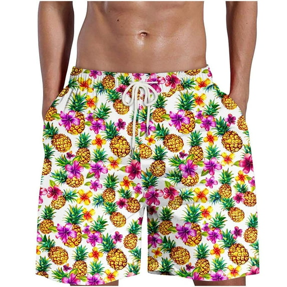 Dovford Swimming Shorts for Men Swimsuit Board Shorts Pineapple Print with Pockets Regular Fit Pull-on Drawstring Nylon Board Shorts