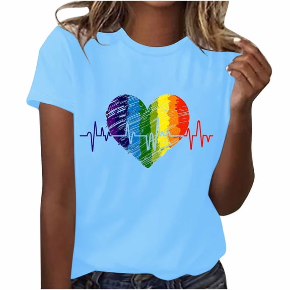 Dovford T Shirts Women Rainbows Heart Graphic Tees Shirts LGBT Shirts Casual Short Sleeve Tops