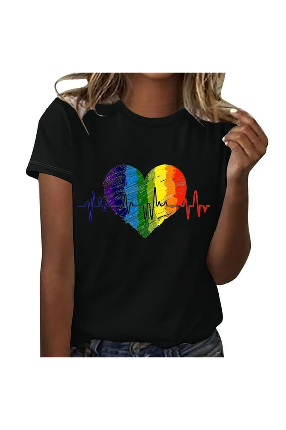 T Shirts Women Rainbows Heart Graphic Tees Shirts LGBT Shirts Casual Short Sleeve Tops