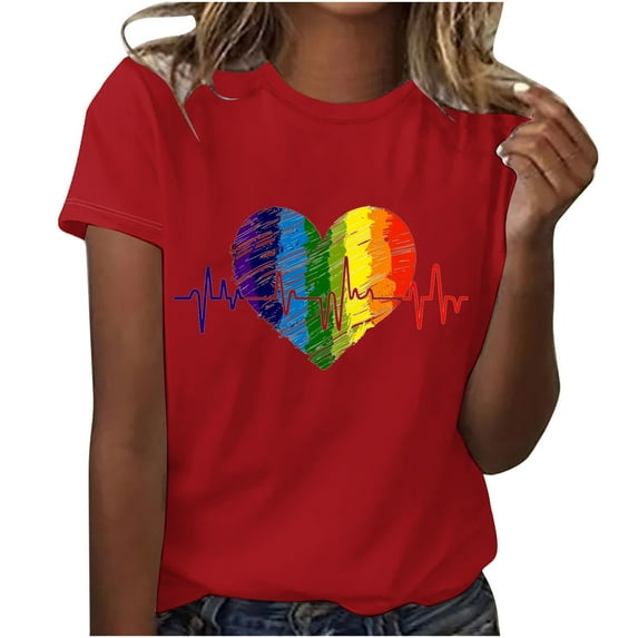 Dovford T Shirts Women Rainbows Heart Graphic Tees Shirts LGBT Shirts Casual Short Sleeve Tops
