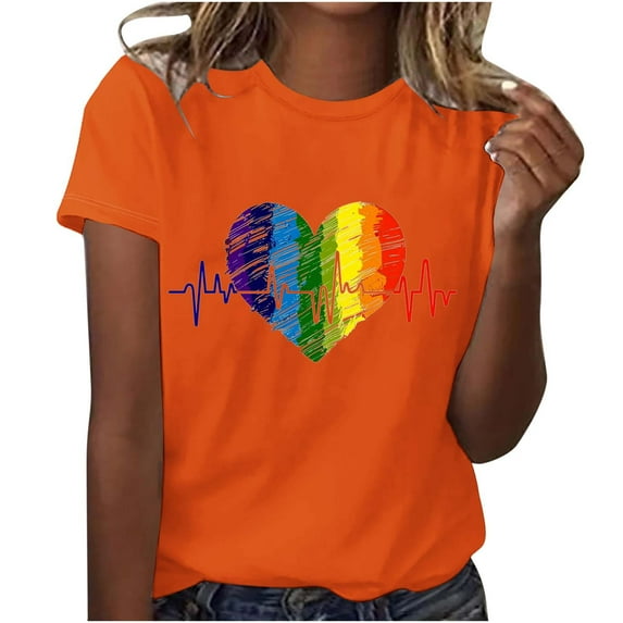 Dovford T Shirts Women Rainbows Heart Graphic Tees Shirts LGBT Shirts Casual Short Sleeve Tops