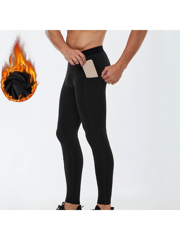 Thermal Compression Pants for Men Fleece Lined Football Running Tights Base Layer Leggings with Pockets(Fleece Lined)Black&L