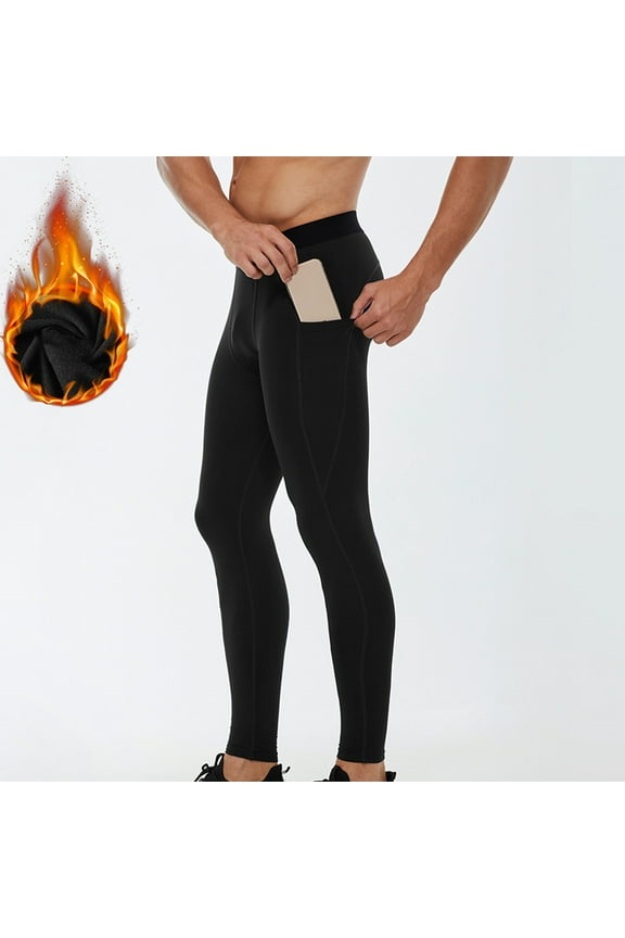 Thermal Compression Pants for Men Fleece Lined Football Running Tights Base Layer Leggings with Pockets(Fleece Lined)Black&M