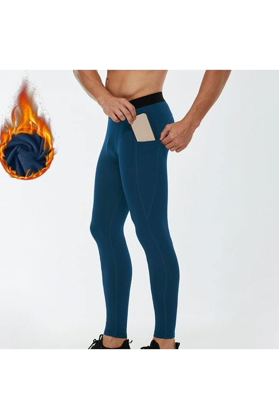 Thermal Compression Pants for Men Fleece Lined Football Running Tights Base Layer Leggings with Pockets(Fleece Lined)Blue&L
