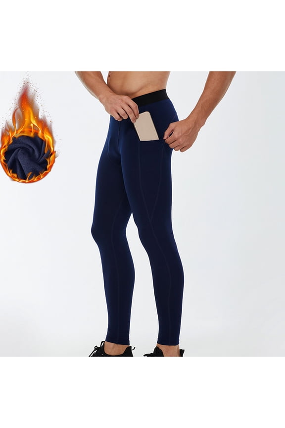 Thermal Compression Pants for Men Fleece Lined Football Running Tights Base Layer Leggings with Pockets(Fleece Lined)Navy&M
