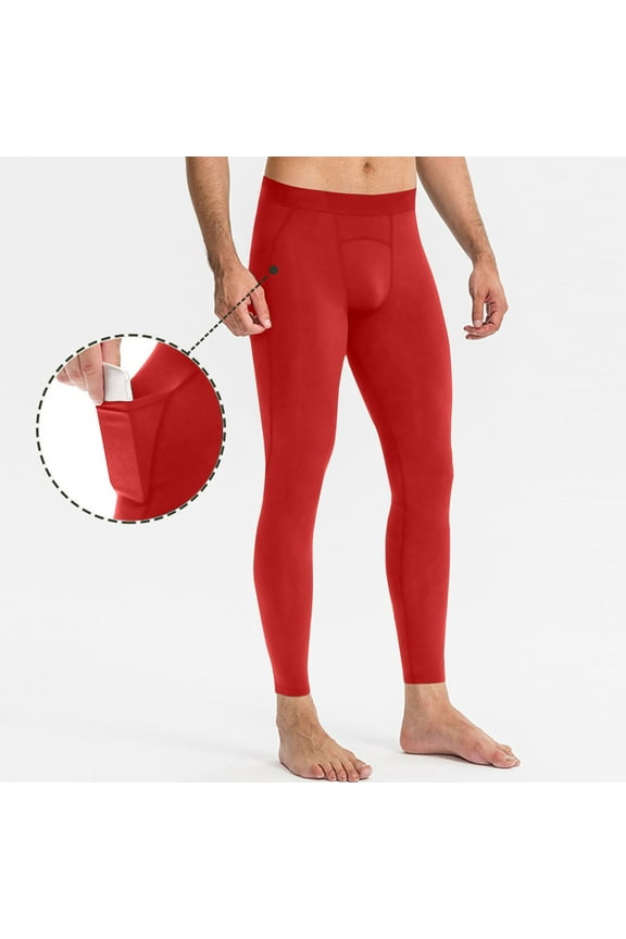 Athletic Compression Pants for Men Sport Football Running Tights Base Layer Leggings with Pockets(Solid Pocket)Red&XL