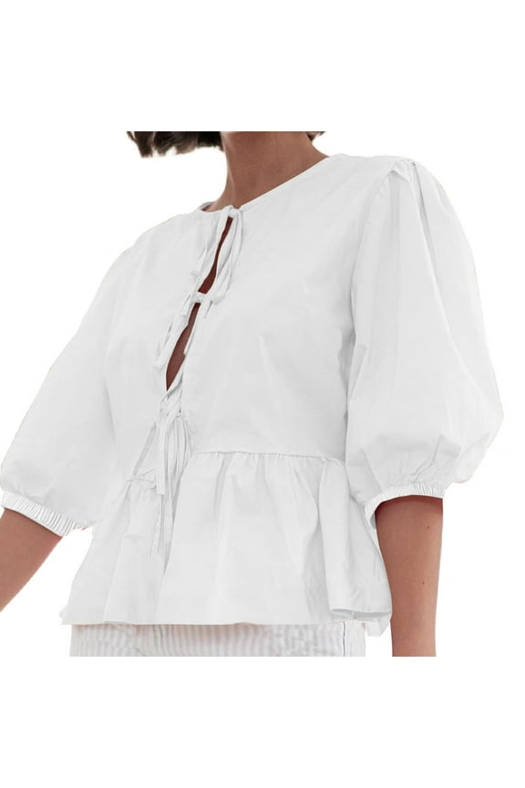 Tie Front Tops for Women Leopard Print Peplum Babydoll Top 3/4 Length Puff Sleeve Coquette Tops Cute Going Out Tops