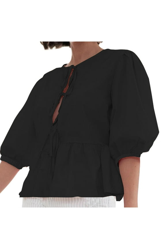 Tie Front Tops for Women Leopard Print Peplum Babydoll Top 3/4 Length Puff Sleeve Coquette Tops Cute Going Out Tops