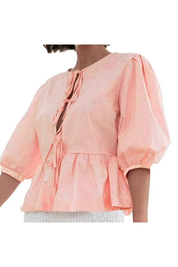 Tie Front Tops for Women Leopard Print Peplum Babydoll Top 3/4 Length Puff Sleeve Coquette Tops Cute Going Out Tops