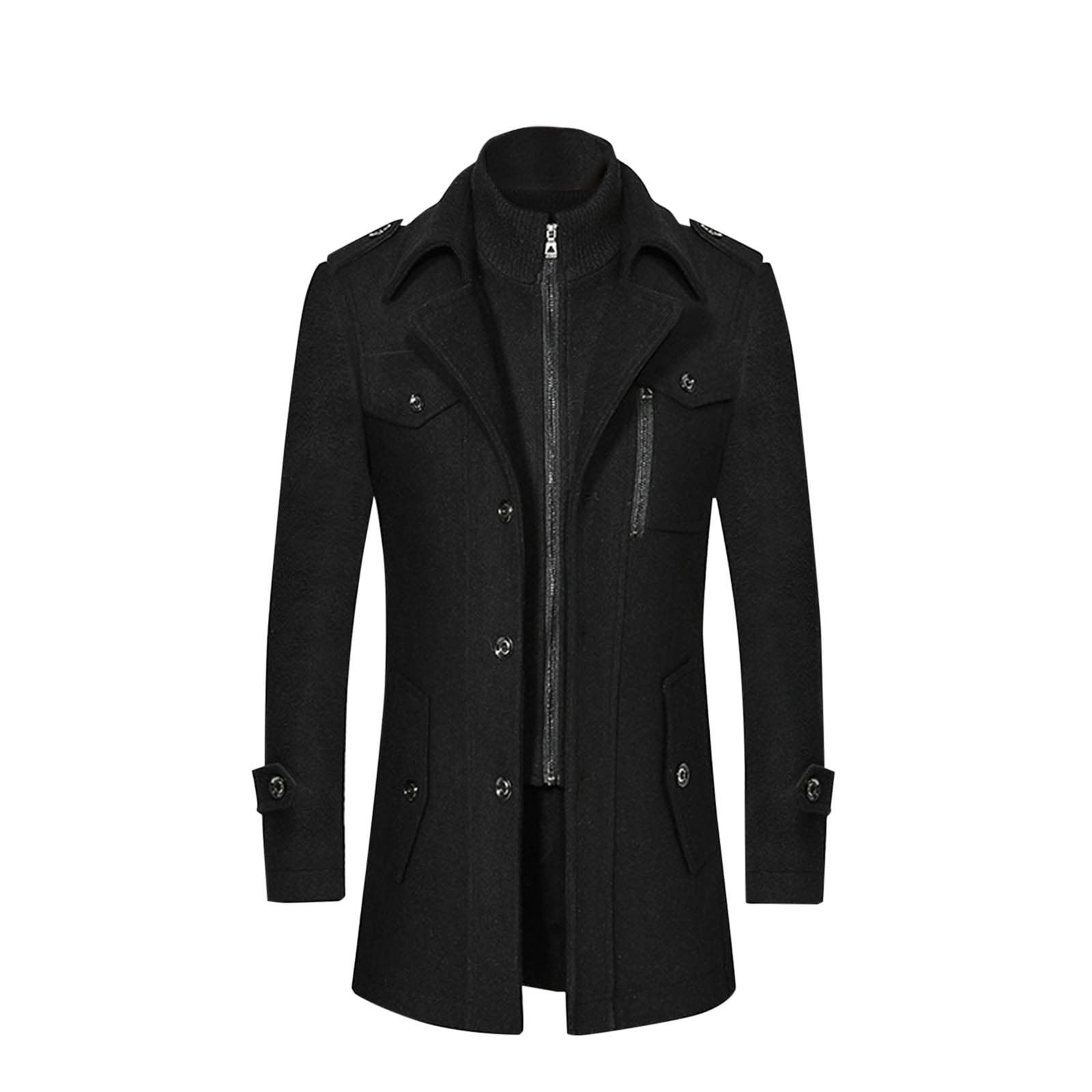 Dovford Trench Coat Men Single Breasted Wool Blend Coat Mid Length Pea ...