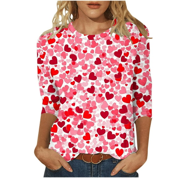 Dovford Valentines Day Shirts for Women Love Heart Graphic Tees 3/4 Length Sleeve Crewneck Pullovers Cute 3D Print Tunic Tops