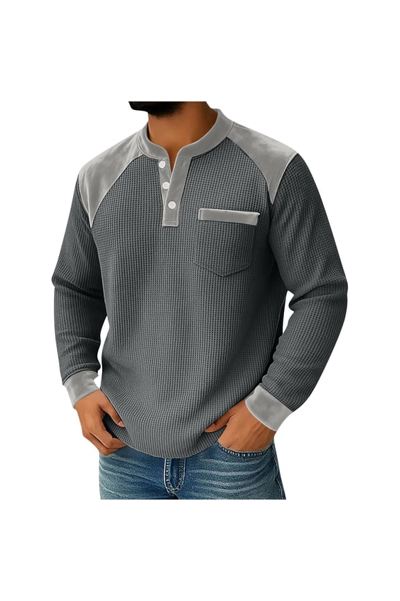 Waffle Knit Henley Sweatshirts for Men Fall Winter Long Sleeve Notch V Neck Pullover Thermal Shirt