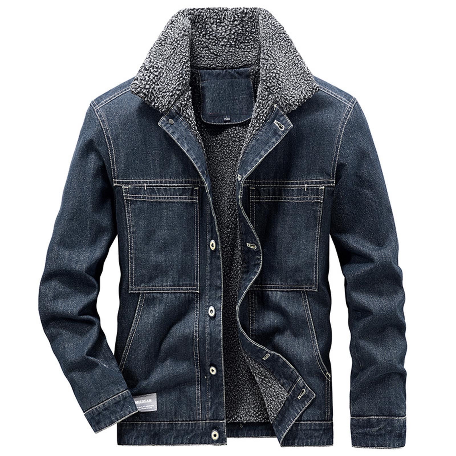 Dovford Washed Distressed Denim Fleece Jacket for Men Casual Button Down Stand Collar Faux Fur Lined Trucker Jacket 2024