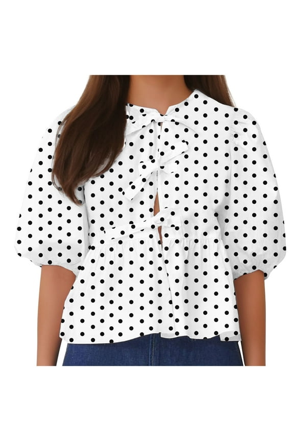 Women Bow Tie Front Shirt Top Cute Puff Sleeve Y2K Peplum Ruffle Babydoll Blouse Lace Up Summer Going Out 2024