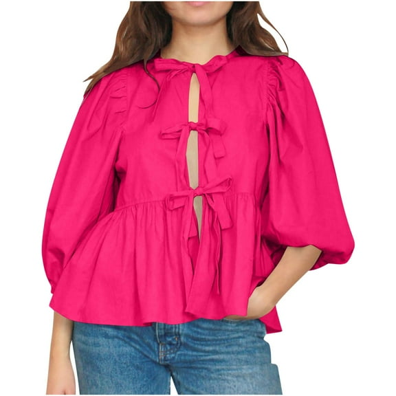 Dovford Women Bow Tie Front Shirt Top Cute Puff Sleeve Y2K Peplum Ruffle Babydoll Blouse Lace Up Summer Going Out