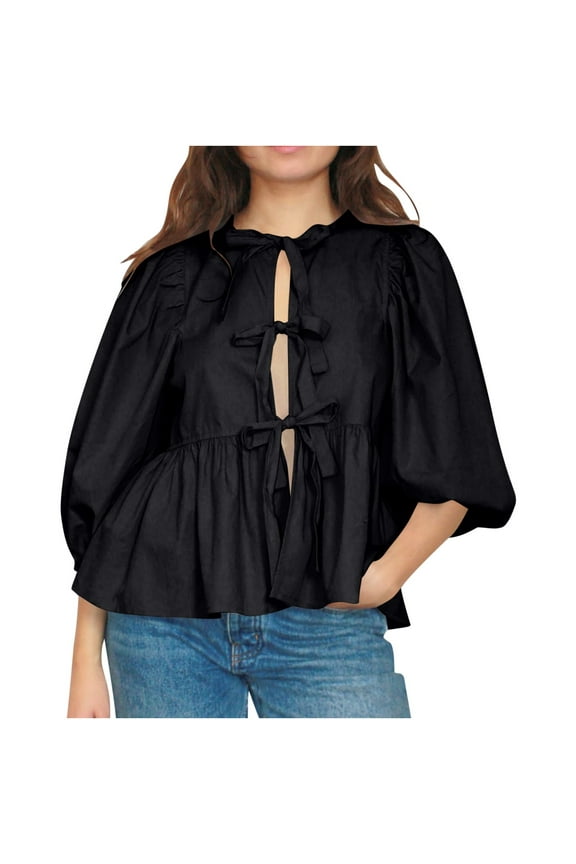 Women Bow Tie Front Shirt Top Cute Puff Sleeve Y2K Peplum Ruffle Babydoll Blouse Lace Up Summer Going Out