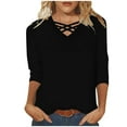 thumbnail image 1 of Dovford Women's 3/4 Sleeve Tops Round Neck Solid Color Shirt Casual Trend T-Shirt Criss Cross V Neck Summer Pullover, 1 of 5