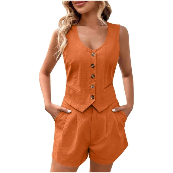 Dovford Womens Summer 2 Piece Sets Crop Blazer Vest Sleeveless Button Down Waistcoat and Shorts Work Suit Sets