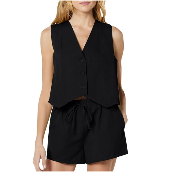 Dovford Womens Summer 2 Piece Sets Crop Blazer Vest Sleeveless Button Down Waistcoat and Shorts Work Suit Sets