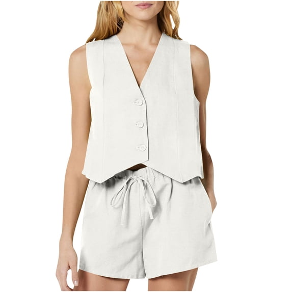 Dovford Womens Summer 2 Piece Sets Crop Blazer Vest Sleeveless Button Down Waistcoat and Shorts Work Suit Sets