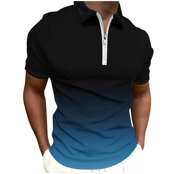 Dovford Zipper Polo Shirts for Men Short Sleeve Slim Fit Shirts Casual Stretch Gradient Color Zip Shirt