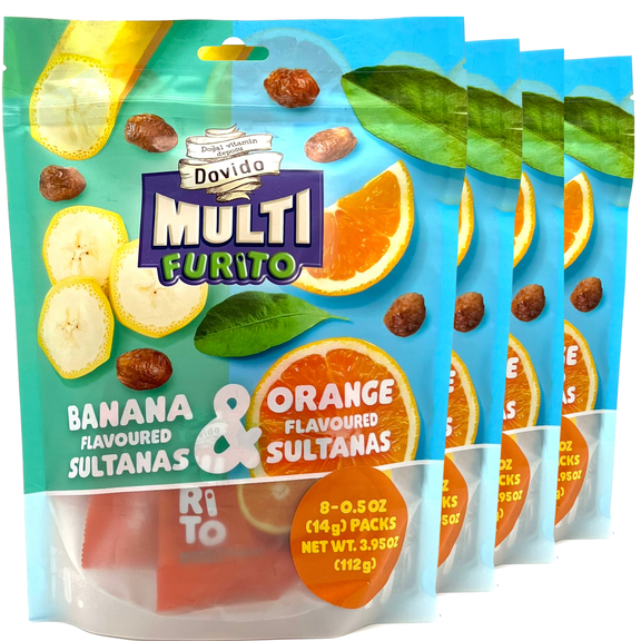 Dovido Naturally Flavored Raisins,Healthy Snacks for Kids,4 Pack-3.95 oz (Orange,Banana), Each Bag 8 Single Servings,School Snacks, Toddler Snacks, Nut Free, Gluten-free fruit snacks , Vegan
