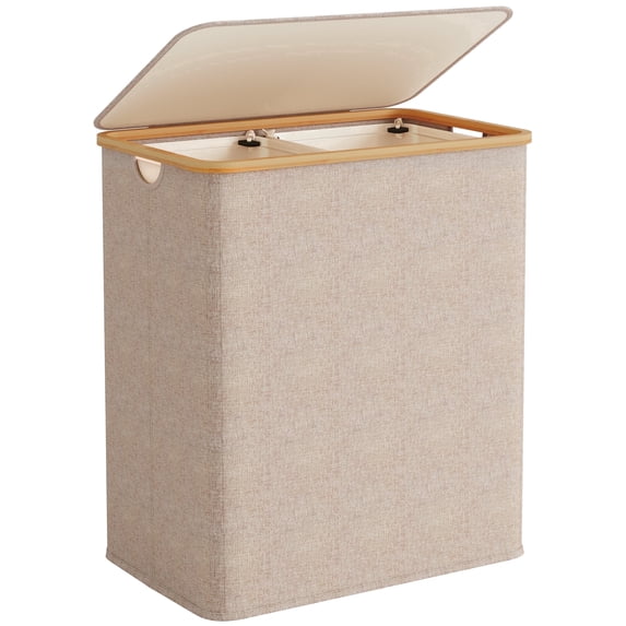 BGTREND 150L Double Laundry Basket with Lid, Clothes Hampers for Laundry with Bamboo Handles and Removable Liner Bags, Collapsible Laundry Sorter Dirty Clothes Hamper (Beige)