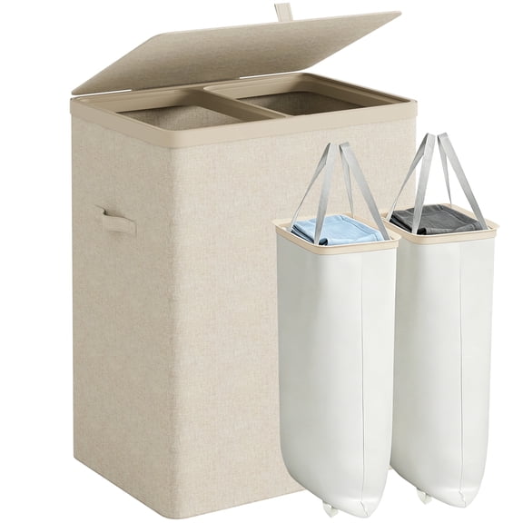 BGTREND 150L Double Laundry Hamper with Lid, 2 Removable Washing Bags with Handles, Large Clothes Sorter for Easy Separation (Beige)