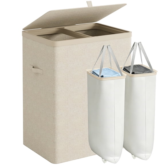 Dovied 150L Double Laundry Hamper with Lid, 2 Removable Washing Bags with Handles, Large Clothes Sorter for Easy Separation (Beige)