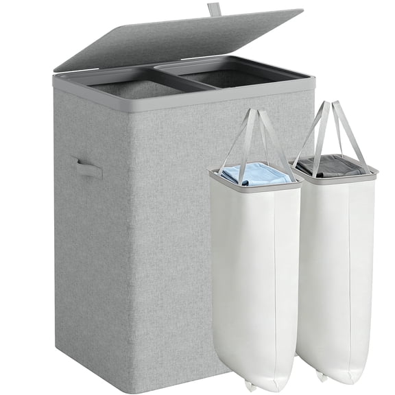 BGTREND 150L Double Laundry Hamper with Lid, 2 Removable Washing Bags with Handles, Large Clothes Sorter for Easy Separation (Gray)