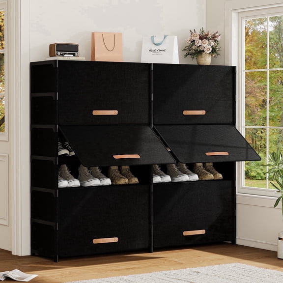BGTREND 7 Tier Double Shoe Rack with Covers Shoe Storage Organizer Holds 42 Pairs for Closet Entryway Hallway, Black