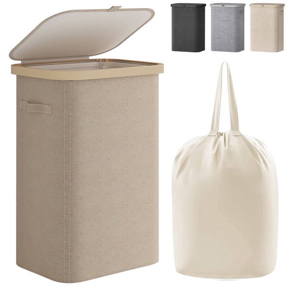 Dovied Slim Laundry Hamper with Lid 85L Foldable Clothes Basket with Removable Mesh Bag & Handle for Closet Bathroom Bedroom (Beige)