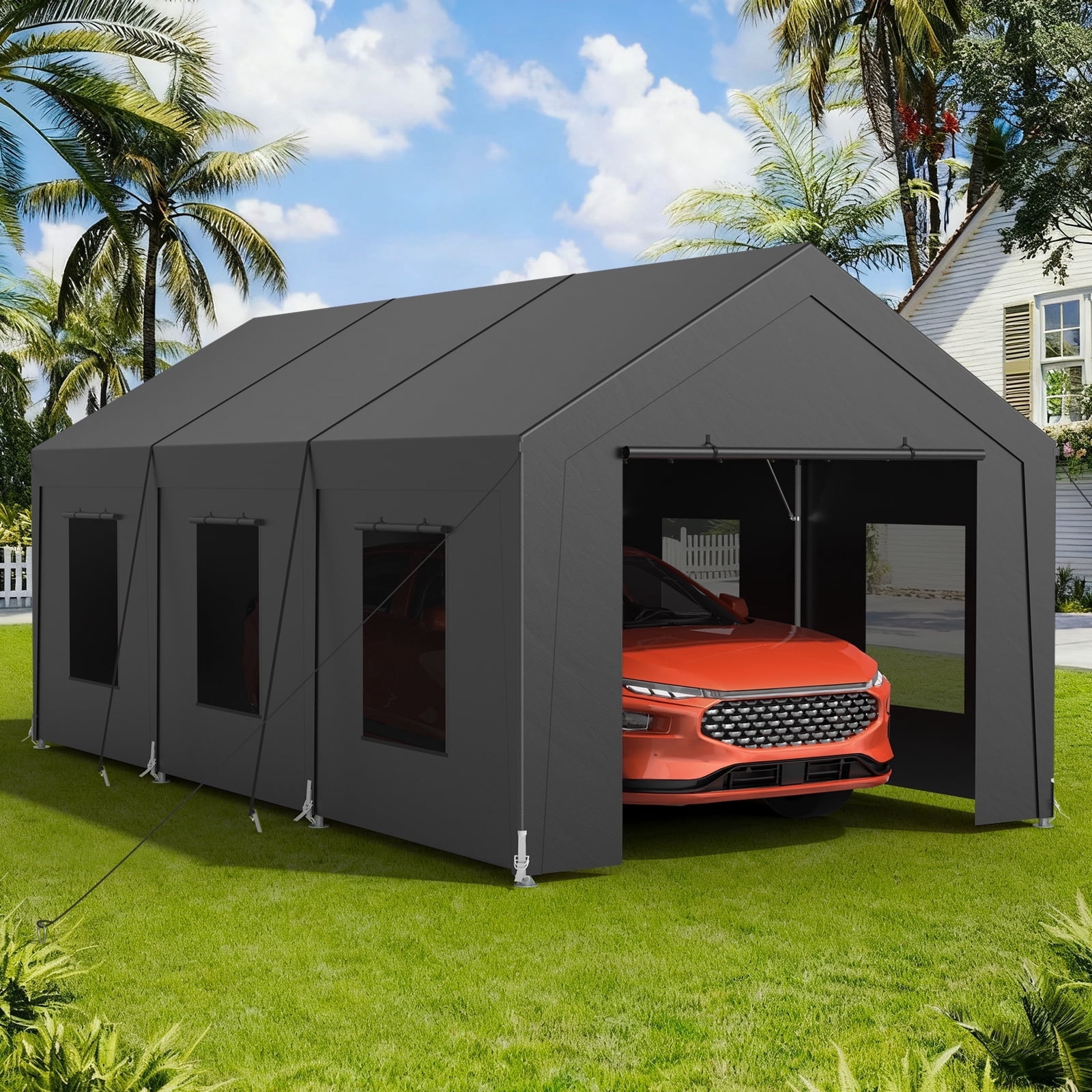 Dovov 10 x 20 ft Heavy Duty Carport, Portable Garage Metal Car Port Canopy Storage Shelter Tent with 6 Roll-up Ventilated Windows & Removable Sidewalls, Dark Gray