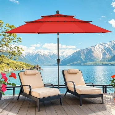 Dovov 10ft Patio Umbrella with Crank & Push Button Tilt, 3 Tier Vented Outdoor Market Umbrellas Adjustable Patio Table Umbrella with 8 Glass Fiber Ribs for Beach Pool Garden Lawn Backyard, Red