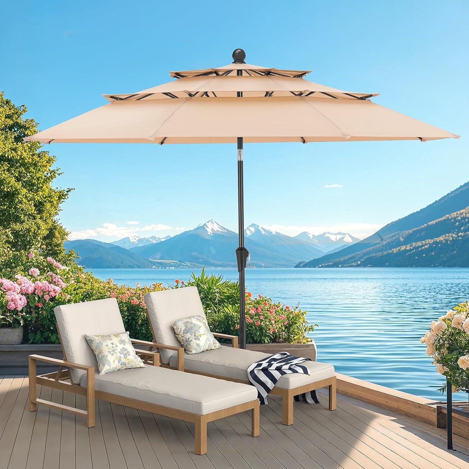 Dovov 10ft Patio Umbrella with Crank & Push Button Tilt, 3 Tier Vented Outdoor Market Umbrellas Adjustable Patio Table Umbrella with 8 Glass Fiber Ribs for Beach Pool Garden Lawn Backyard, Champagne