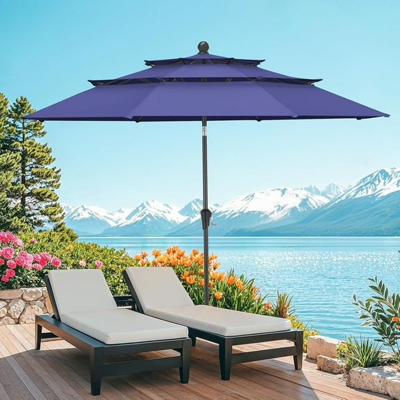Dovov 10ft Patio Umbrella with Crank & Push Button Tilt, 3 Tier Vented Outdoor Market Umbrellas Adjustable Patio Table Umbrella with 8 Glass Fiber Ribs for Beach Pool Garden Lawn Backyard, Navy Blue