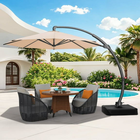 Dovov 11ft Patio Umbrella with Base, Aluminum Deluxe Round Curvy Cantilever Umbrella Large 360° Rotation Offset Hanging Outdoor Market Umbrellas for Lawn Garden Deck Backyard Pool, Champagne