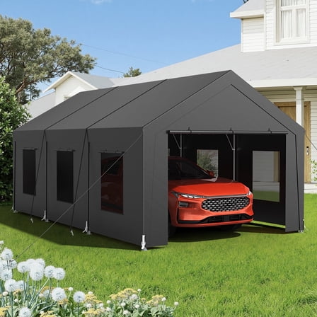 Dovov 12 x 20 ft Heavy Duty Carport, Portable Garage Metal Car Port Canopy Storage Shelter Tent with 6 Roll-up Ventilated Windows & Removable Sidewalls, Dark Gray