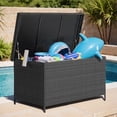 thumbnail image 1 of Dovov 158 Gallon Deck Box, Large Wicker Outdoor Storage Box PE Rattan Storage Bin Waterproof with Flip Lid for Backyard Patio Furniture Cushions, Gardening Tools, Pool Supplies, Black, 1 of 11