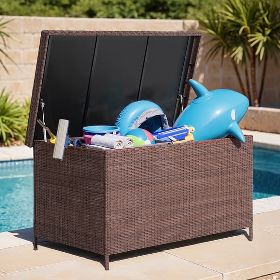 Dovov 158 Gallon Deck Box, Large Wicker Outdoor Storage Box PE Rattan Storage Bin Waterproof with with Flip Lid for Backyard Patio Furniture Cushions, Gardening Tools, Pool Supplies, Brown