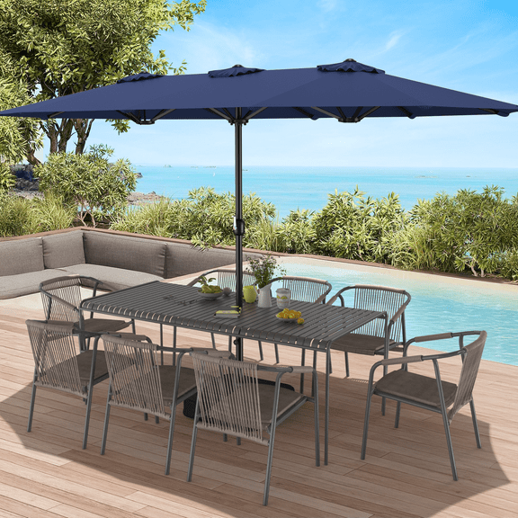 Dovov 15ft Outdoor Patio Umbrella with Base Included, Double Sided Extra Large Outdoor Market Umbrella Rectangular Table Umbrellas with Crank Handle for Outside Pool Lawn Garden, Blue