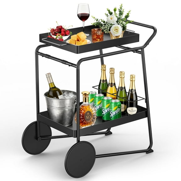 Dovov 2-Tier Rolling Bar Cart, Metal Utility Serving Cart with Extra Large Wheels, Storage Shelves, Wine Racks, Removable Top Tray & Ergonomic Handle