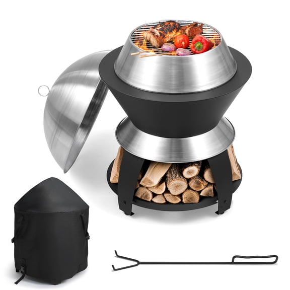 Dovov 20 Inch Smokeless Fire Pit, 2-in-1 Wood Burning Firepit with Grill Grate, Raised Firewood Storage Rack, Fire Poker, Metal Lid and Waterproof Cover, Outdoor Fire Pit for Backyard Patio Camping