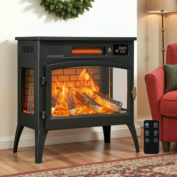 Dovov 24" Electric Fireplace Heater, Freestanding Fireplace Stove with 3D Realistic Flame, Portable Space Heater with Remote Control and Timer, 1000W/1500W, 5200 BTU, Black