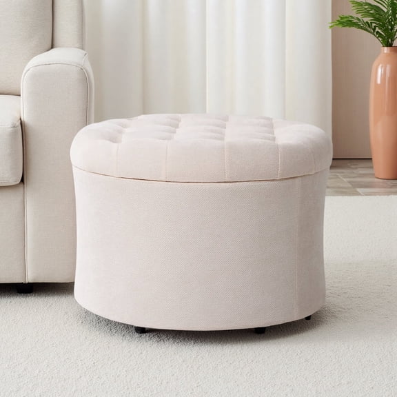 Dovov 25" Tufted Round Ottoman with Storage, Large Storage Ottoman Footrest Flip Top Foot Stool, 220lbs Capacity, Beige