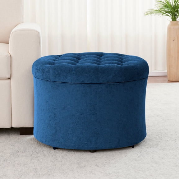 Dovov 25" Tufted Round Ottoman with Storage, Large Storage Ottoman Footrest Flip Top Foot Stool, 220lbs Capacity, Blue