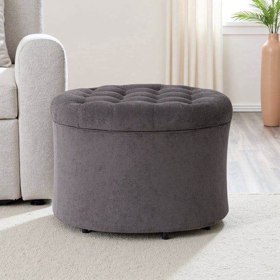 Dovov 25" Tufted Round Ottoman with Storage, Large Storage Ottoman Footrest Flip Top Foot Stool, 220lbs Capacity, Gray