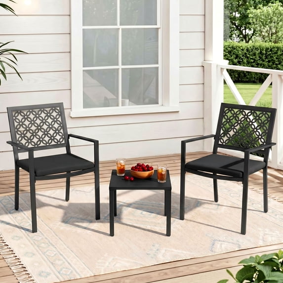Dovov 3 Piece Outdoor Bistro Set, Outdoor Patio Furniture Sets w/ 2 Stacking Chairs and Side Table, Modern Patio Table and Chairs with Cushion, Black