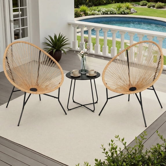 Dovov 3 Piece Patio Acapulco Furniture Bistro Set, Outdoor Bistro Set Acapulco Chairs All-Weather Rattan Wicker Chairs with Plastic Rope and Coffee Table, Beige